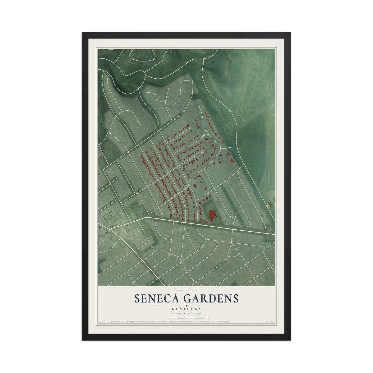 Map of Seneca Gardens, Kentucky, 12 x 18 inch print in a black wood frame
