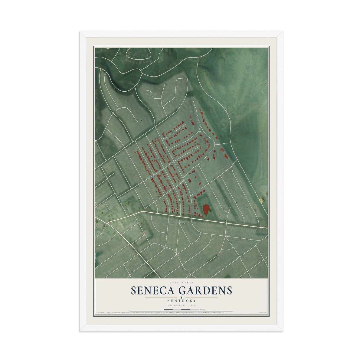 Map of Seneca Gardens, Kentucky, 12 x 18 inch print in a white wood frame