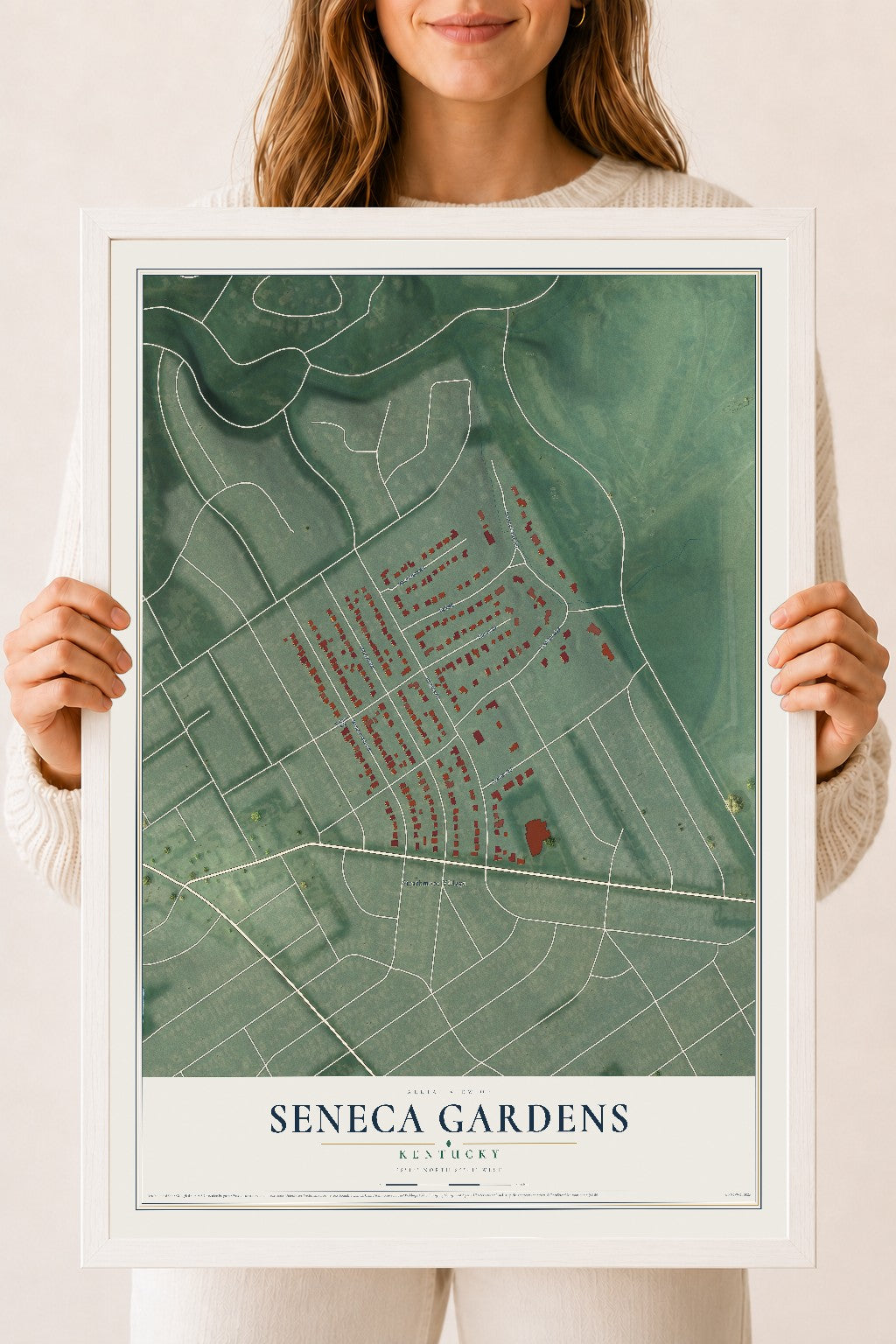 Map of Seneca Gardens, Kentucky, 18 x 24 inch print in a white wood frame