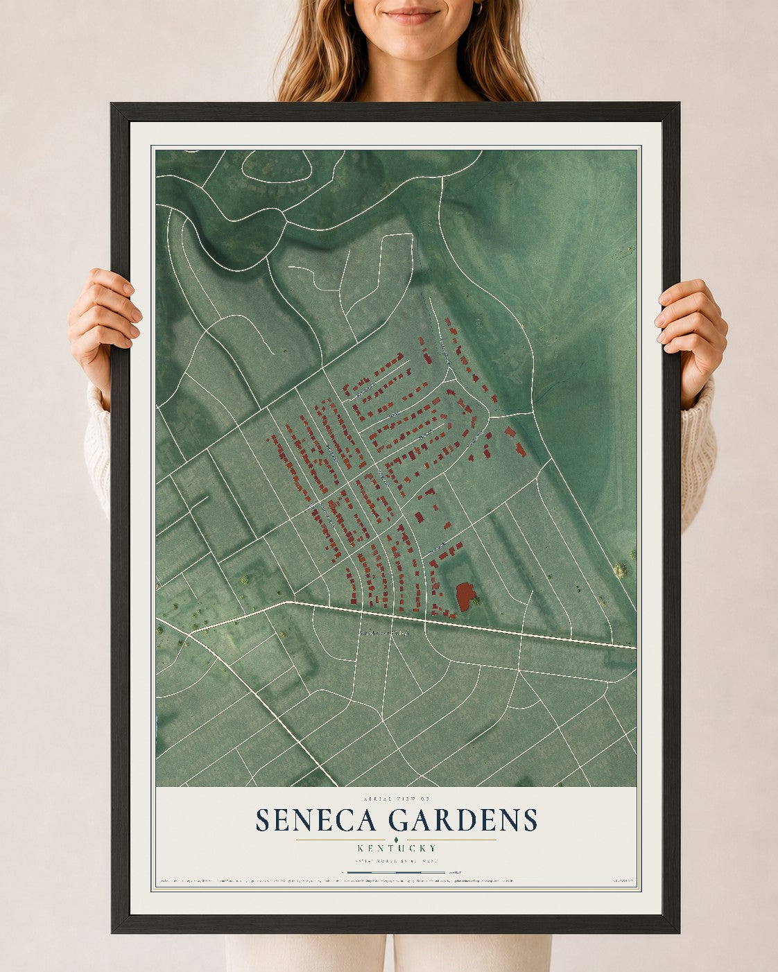 Map of Seneca Gardens, Kentucky, 24 x 36 inch print in a black wood frame