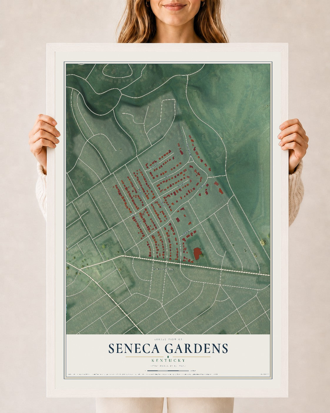 Map of Seneca Gardens, Kentucky, 24 x 36 inch print in a white wood frame