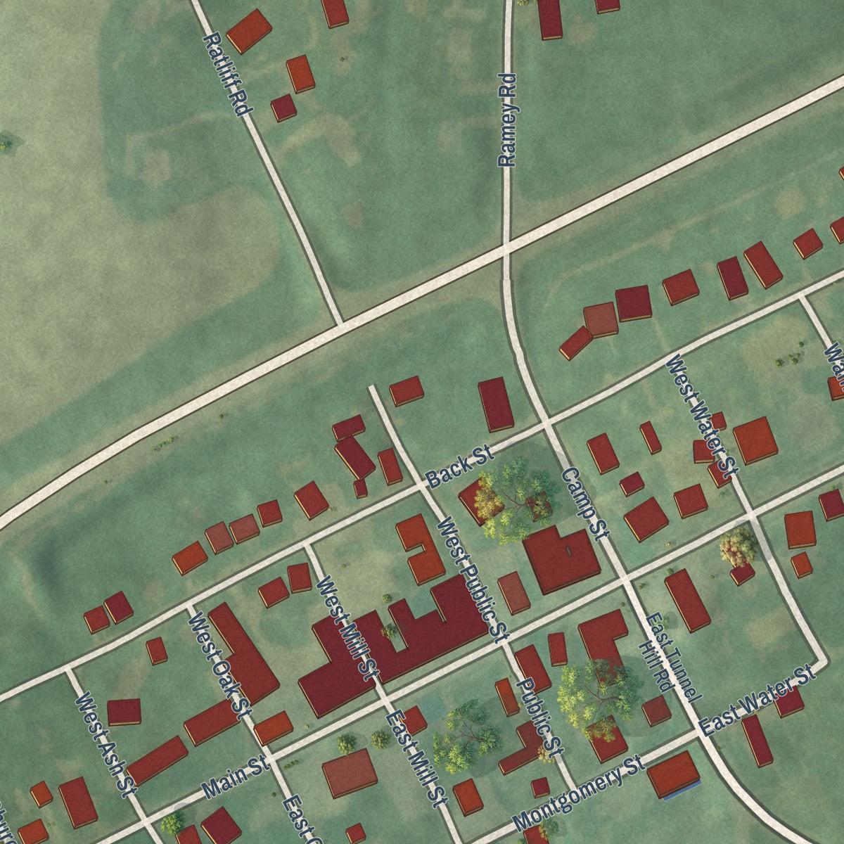 Close-up of the map of Sharpsburg, Kentucky print showing street and building detail