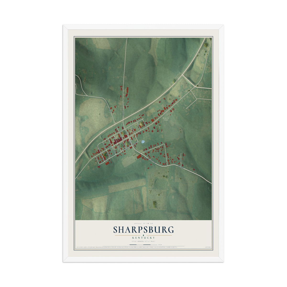 Map of Sharpsburg, Kentucky, 12 x 18 inch print in a white wood frame