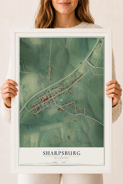 Map of Sharpsburg, Kentucky, 18 x 24 inch print in a white wood frame