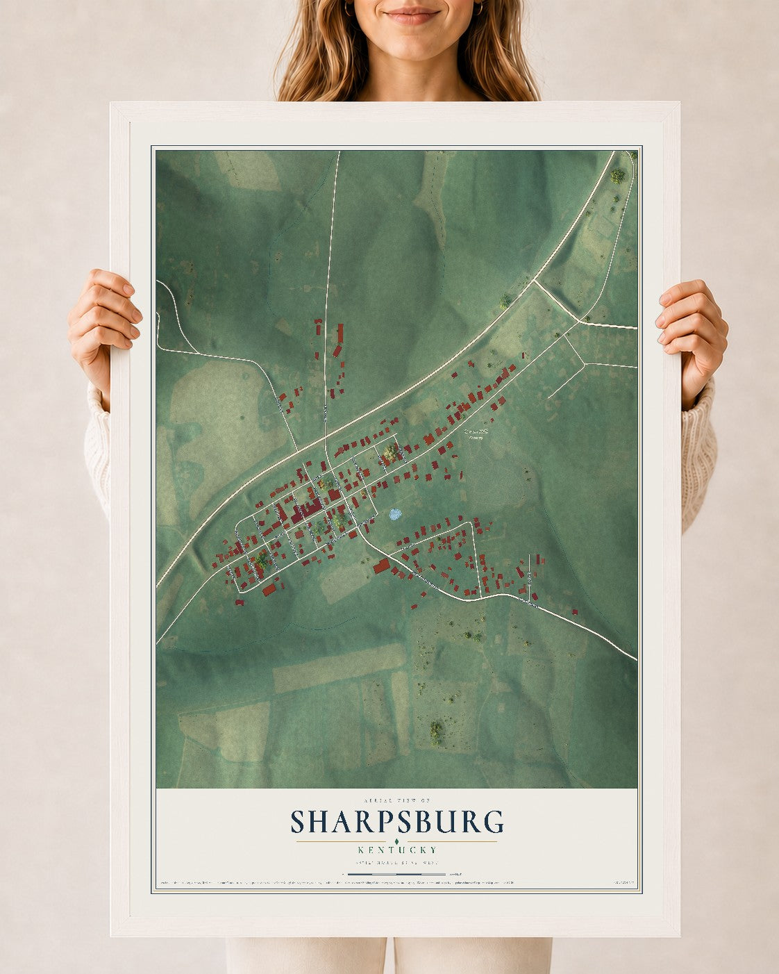 Map of Sharpsburg, Kentucky, 24 x 36 inch print in a white wood frame