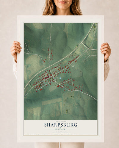 Map of Sharpsburg, Kentucky, 24 x 36 inch print in a white wood frame
