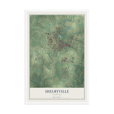Map of Shelbyville, Kentucky, 12 x 18 inch print in a white wood frame