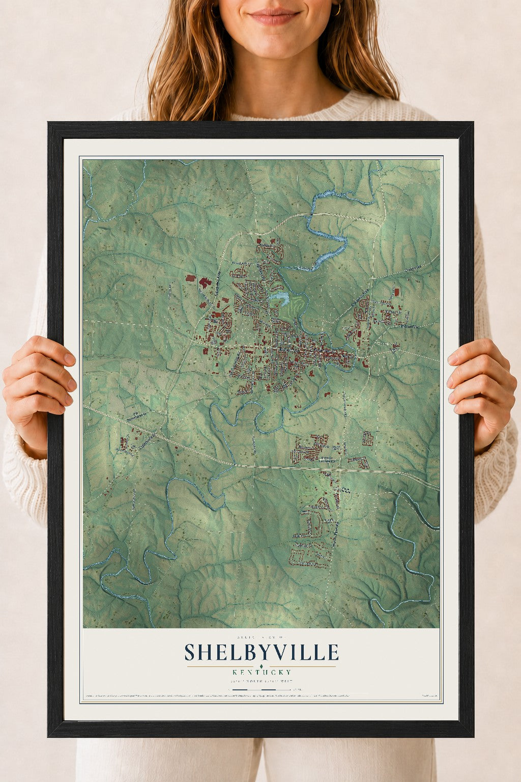 Map of Shelbyville, Kentucky, 18 x 24 inch print in a black wood frame