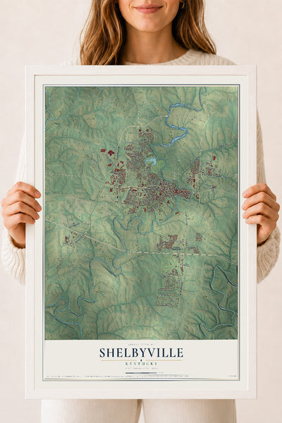 Map of Shelbyville, Kentucky, 18 x 24 inch print in a white wood frame
