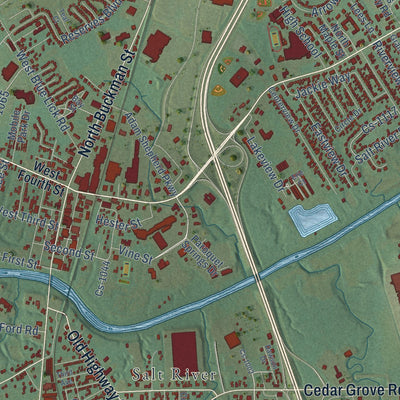 Close-up of the map of Shepherdsville, Kentucky print showing street and building detail