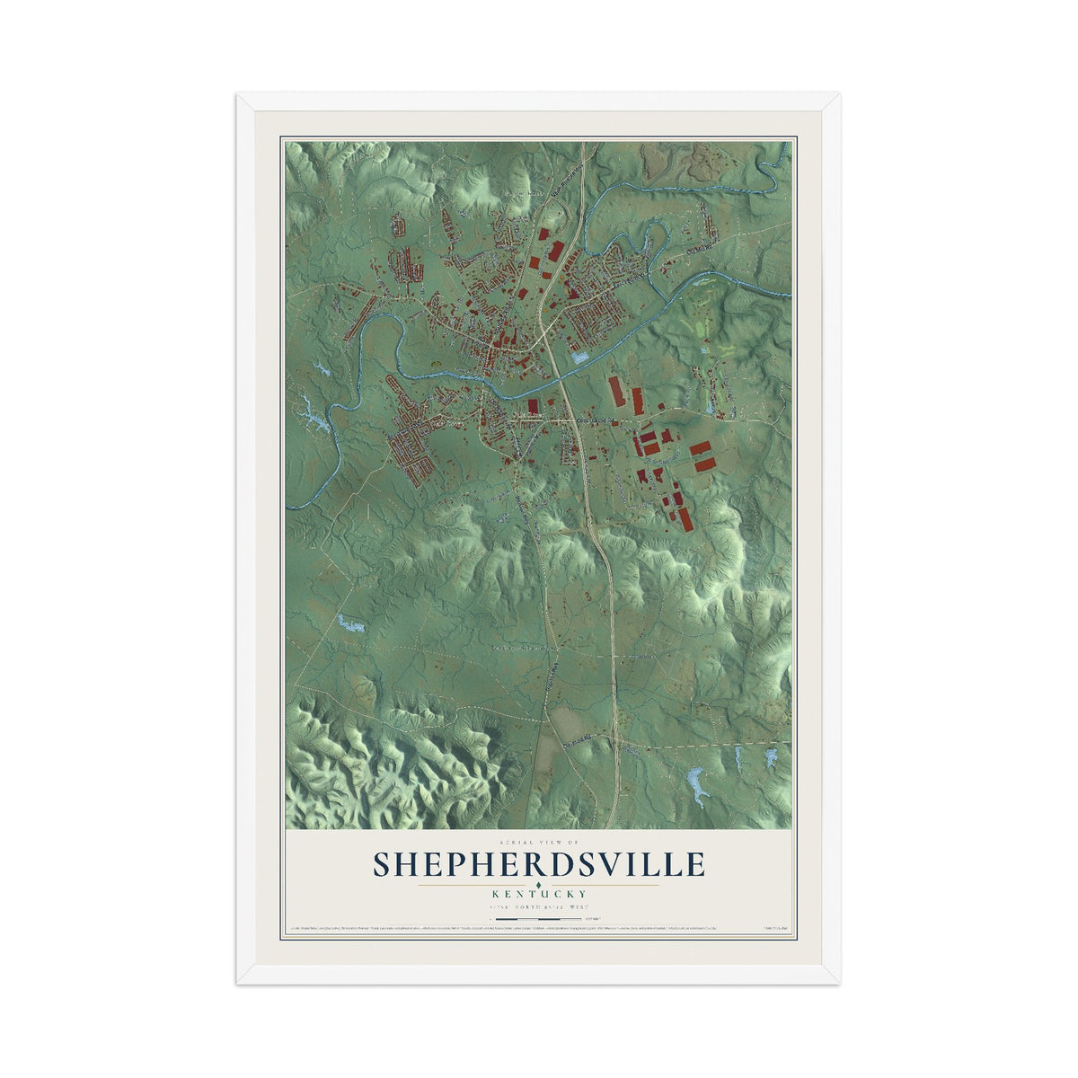 Map of Shepherdsville, Kentucky, 12 x 18 inch print in a white wood frame