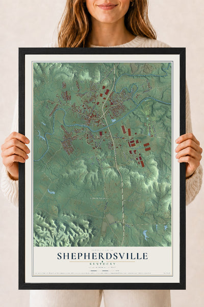 Map of Shepherdsville, Kentucky, 18 x 24 inch print in a black wood frame