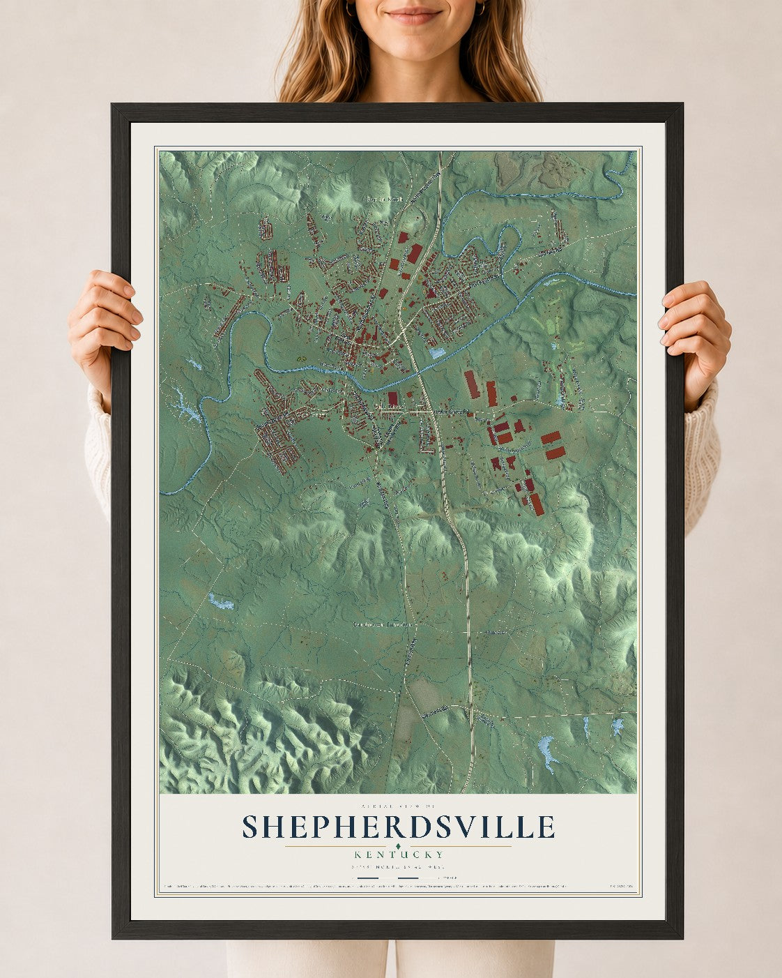 Map of Shepherdsville, Kentucky, 24 x 36 inch print in a black wood frame