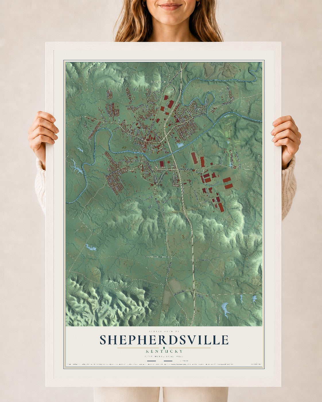 Map of Shepherdsville, Kentucky, 24 x 36 inch print in a white wood frame