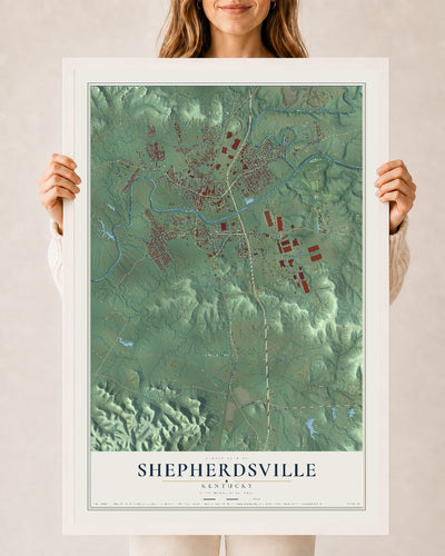 Map of Shepherdsville, Kentucky, 24 x 36 inch print in a white wood frame