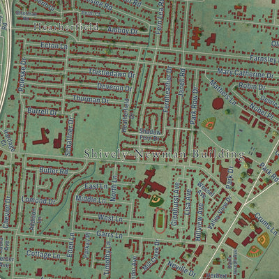 Close-up of the map of Shively, Kentucky print showing street and building detail