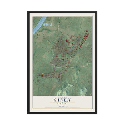 Map of Shively, Kentucky, 12 x 18 inch print in a black wood frame