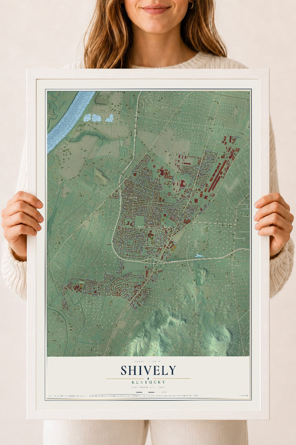 Map of Shively, Kentucky, 18 x 24 inch print in a white wood frame