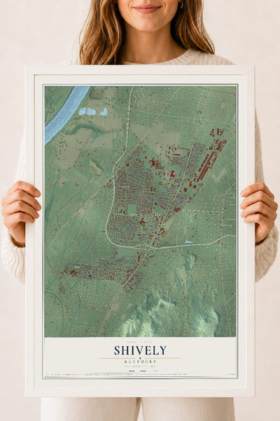 Map of Shively, Kentucky, 18 x 24 inch print in a white wood frame