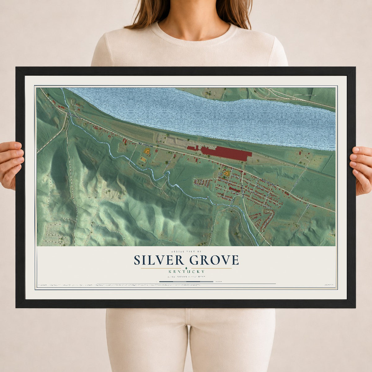 Map of Silver Grove, Kentucky, 18 x 24 inch print in a black wood frame