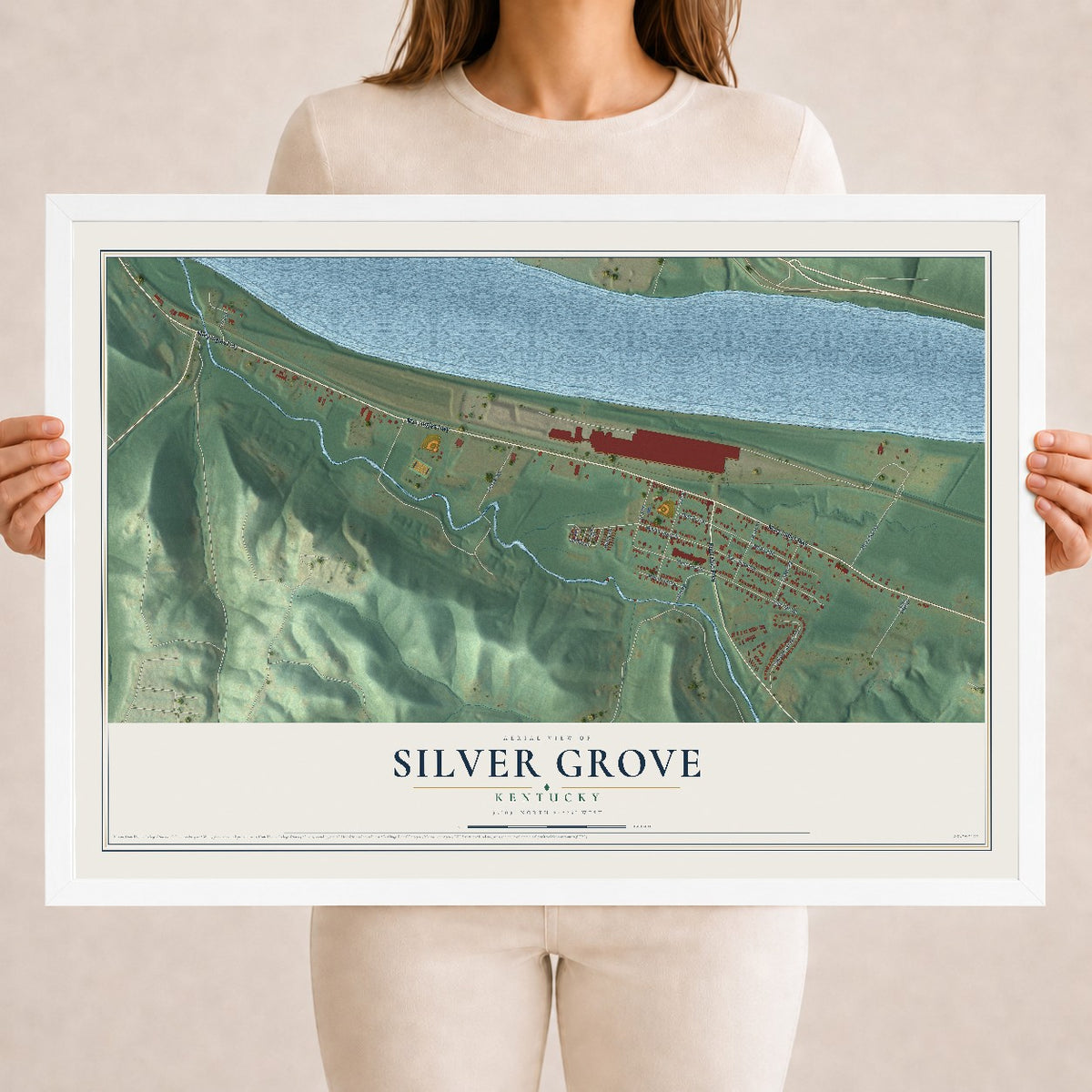 Map of Silver Grove, Kentucky, 18 x 24 inch print in a white wood frame