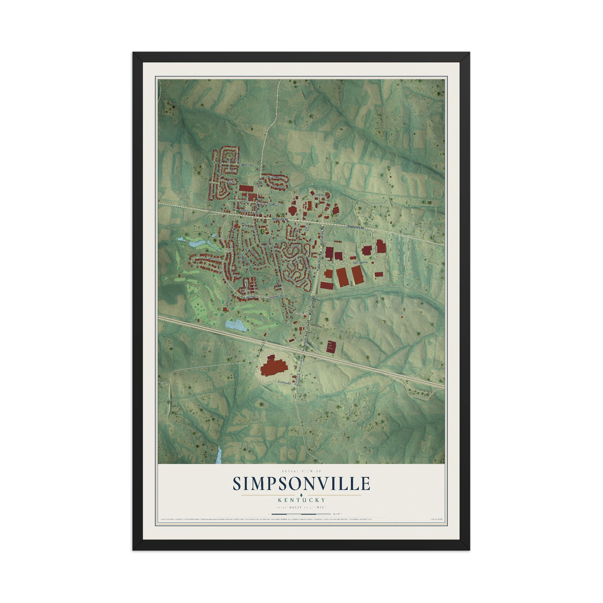 Map of Simpsonville, Kentucky, 12 x 18 inch print in a black wood frame