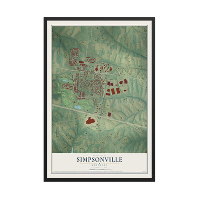 Map of Simpsonville, Kentucky, 12 x 18 inch print in a black wood frame