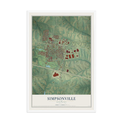 Map of Simpsonville, Kentucky, 12 x 18 inch print in a white wood frame