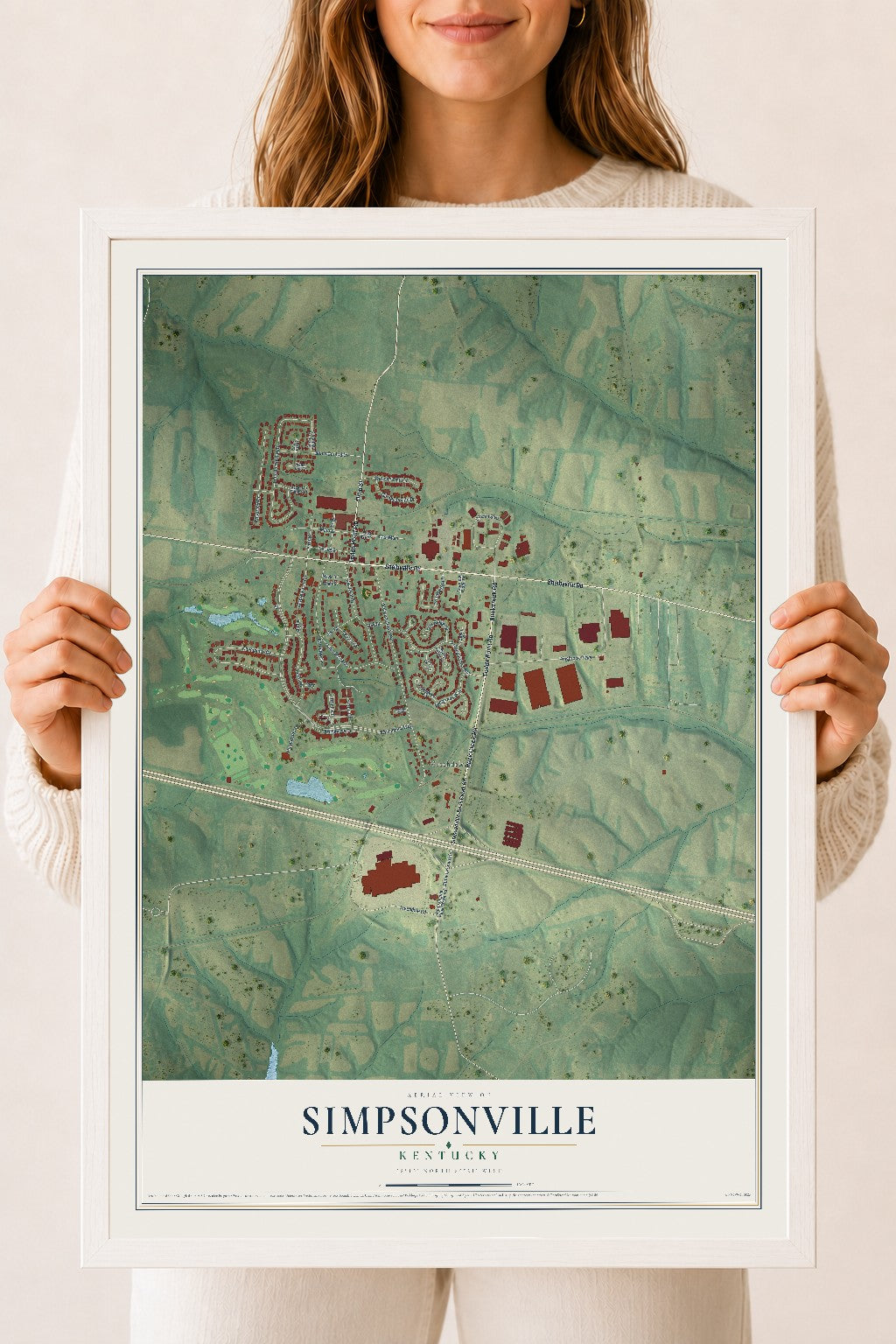 Map of Simpsonville, Kentucky, 18 x 24 inch print in a white wood frame