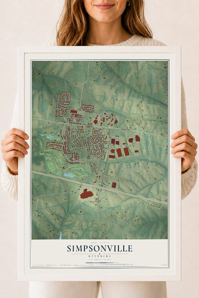 Map of Simpsonville, Kentucky, 18 x 24 inch print in a white wood frame