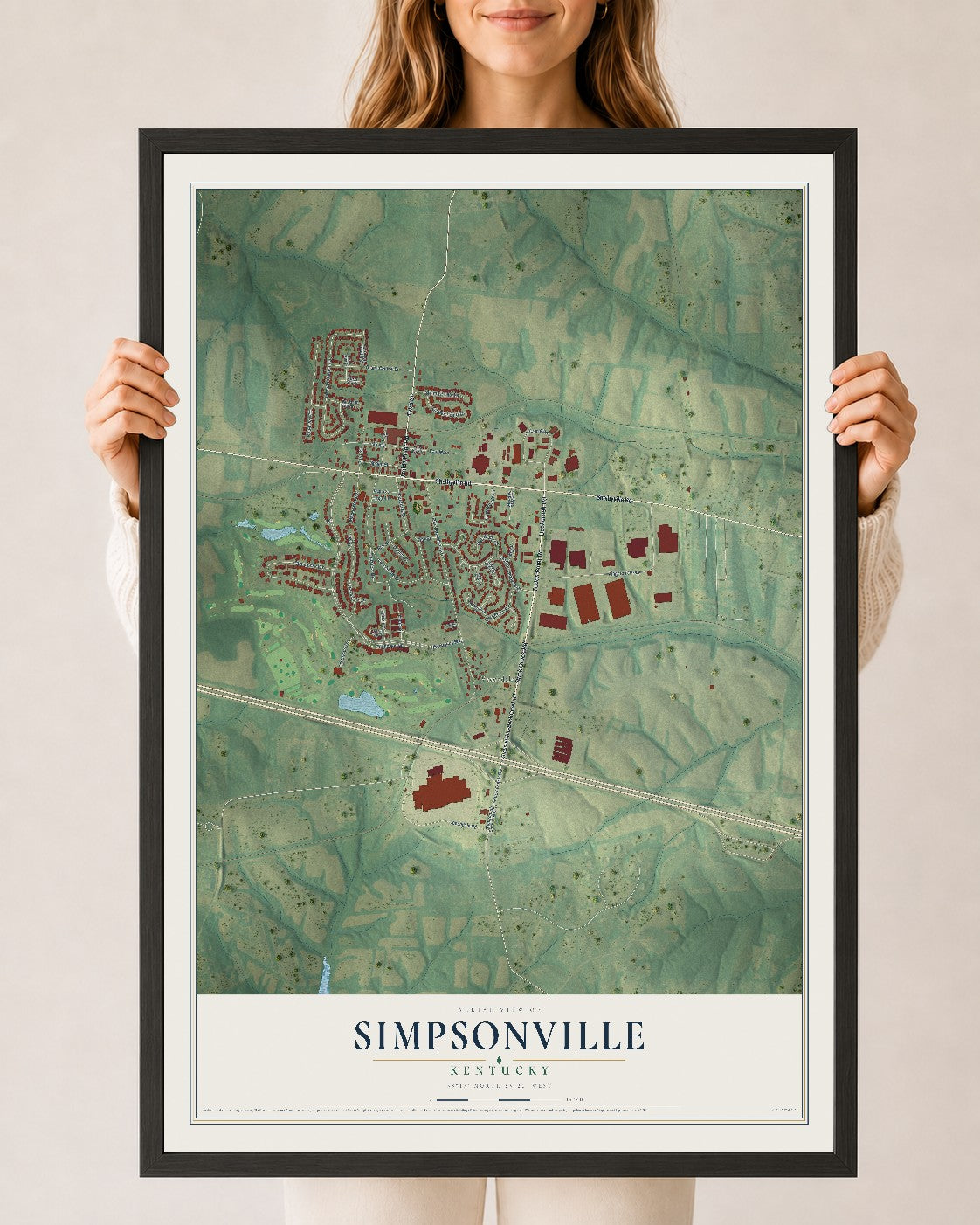 Map of Simpsonville, Kentucky, 24 x 36 inch print in a black wood frame