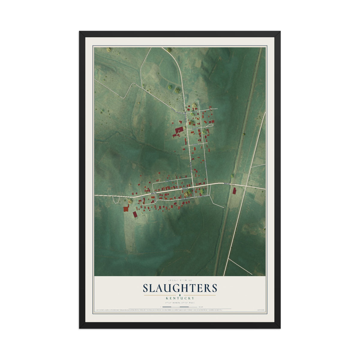 Map of Slaughters, Kentucky, 12 x 18 inch print in a black wood frame