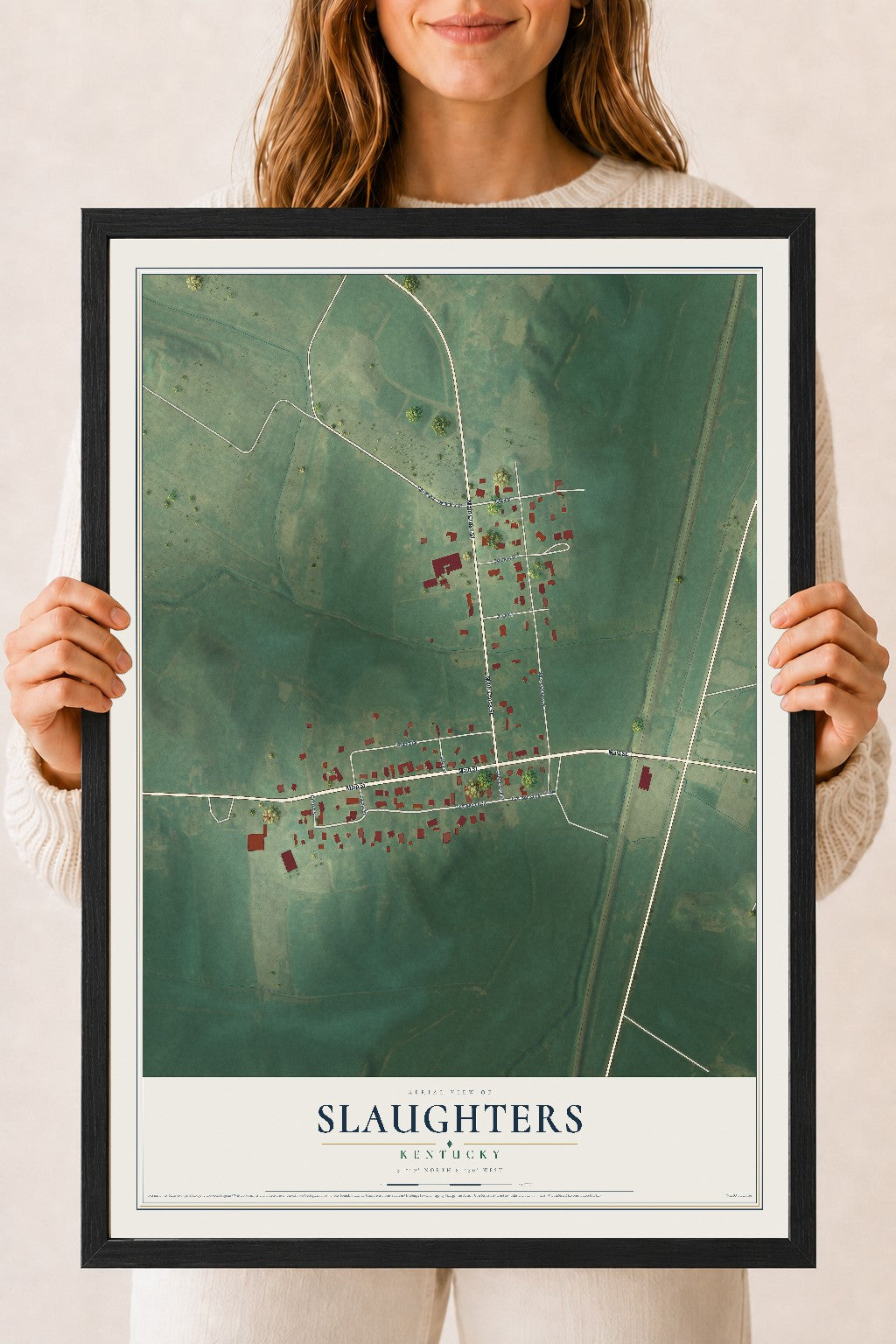 Map of Slaughters, Kentucky, 18 x 24 inch print in a black wood frame