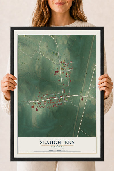 Map of Slaughters, Kentucky, 18 x 24 inch print in a black wood frame