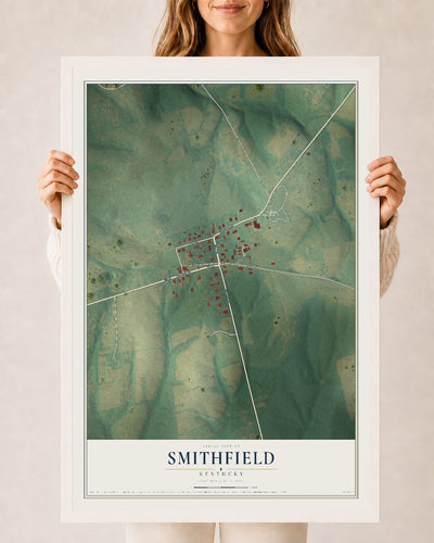 Map of Smithfield, Kentucky, 24 x 36 inch print in a white wood frame