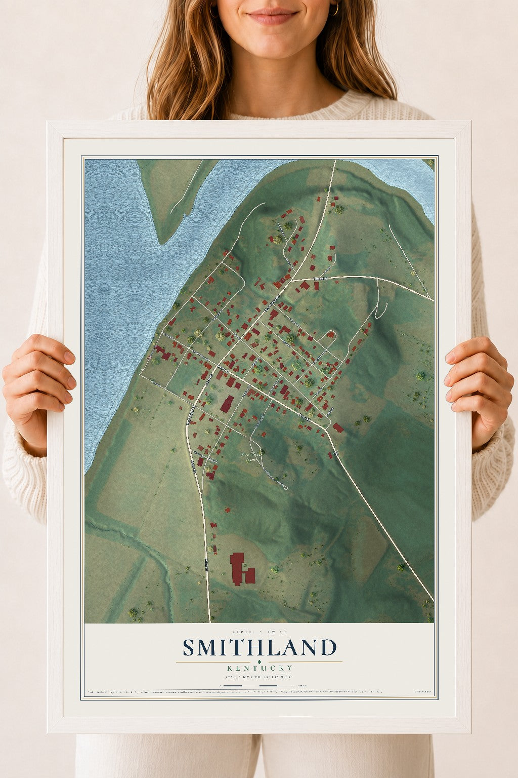 Map of Smithland, Kentucky, 18 x 24 inch print in a white wood frame