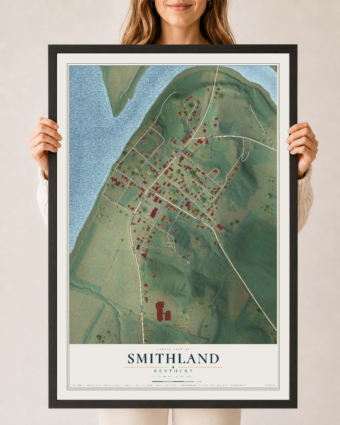 Map of Smithland, Kentucky, 24 x 36 inch print in a black wood frame