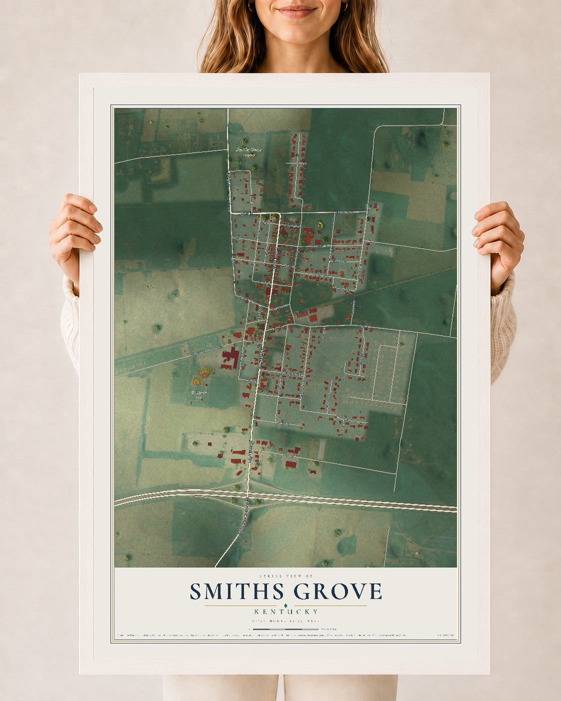 Map of Smiths Grove, Kentucky, 24 x 36 inch print in a white wood frame