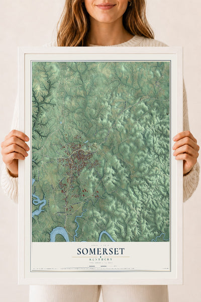Map of Somerset, Kentucky, 18 x 24 inch print in a white wood frame