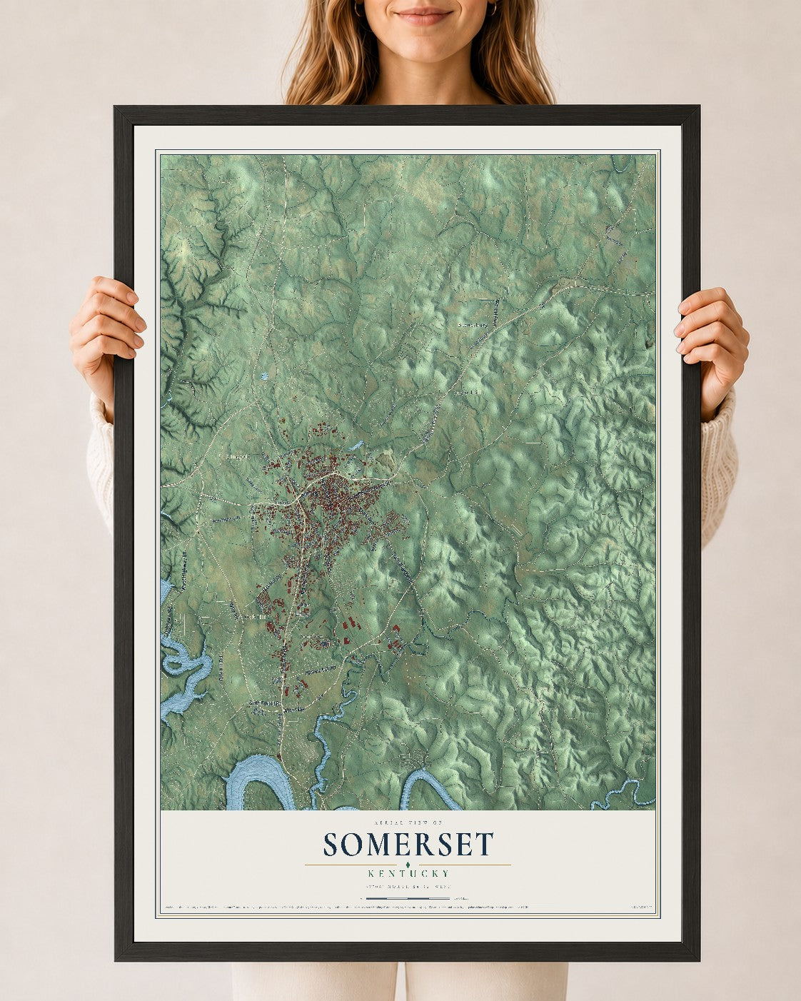 Map of Somerset, Kentucky, 24 x 36 inch print in a black wood frame