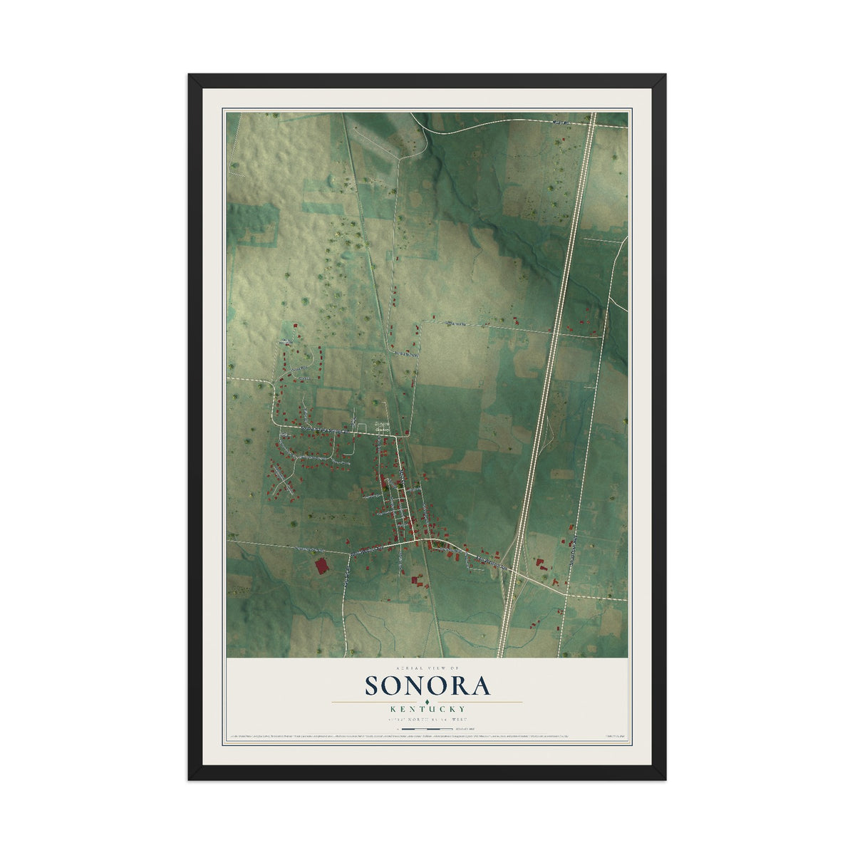 Map of Sonora, Kentucky, 12 x 18 inch print in a black wood frame