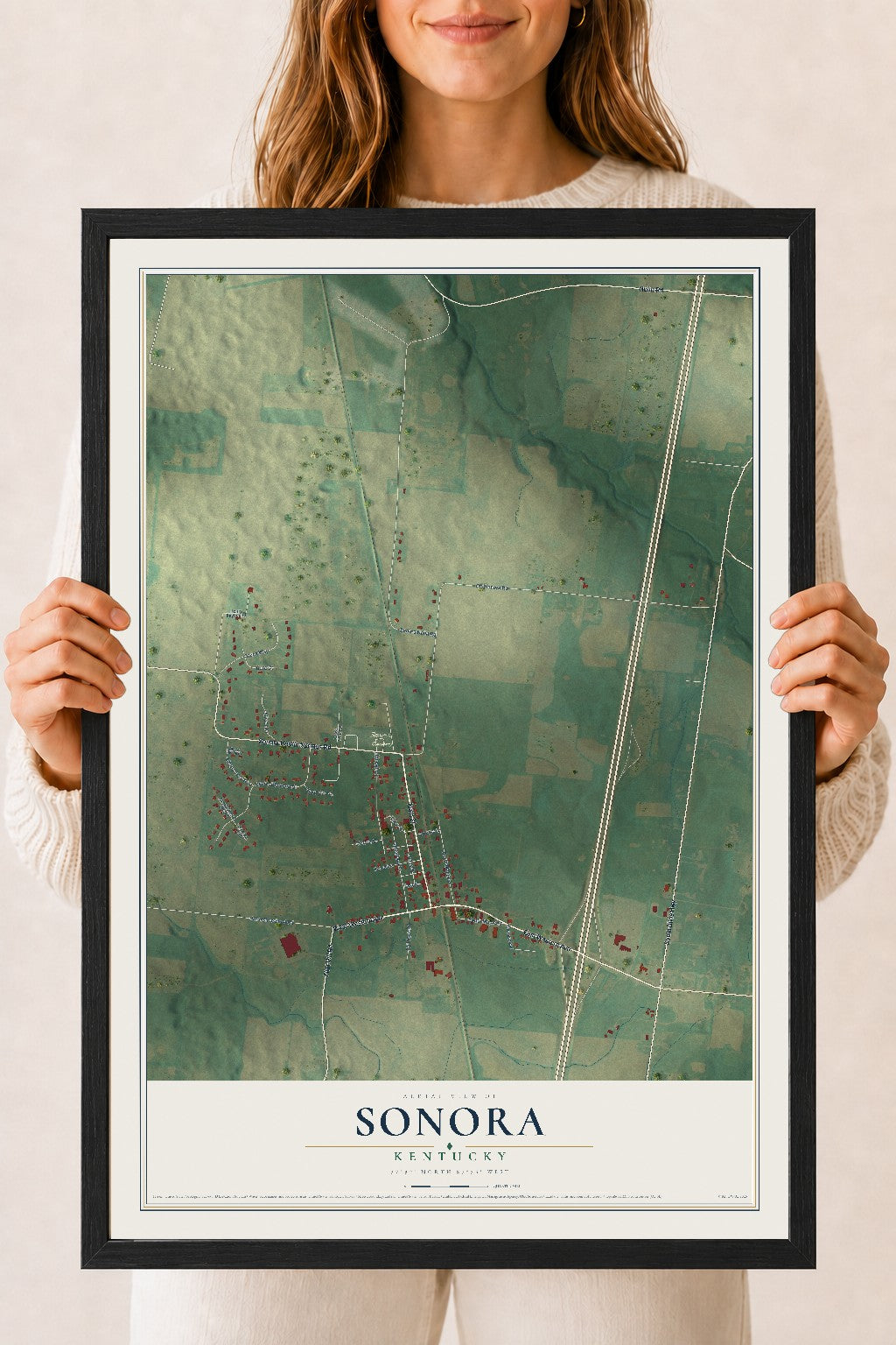 Map of Sonora, Kentucky, 18 x 24 inch print in a black wood frame