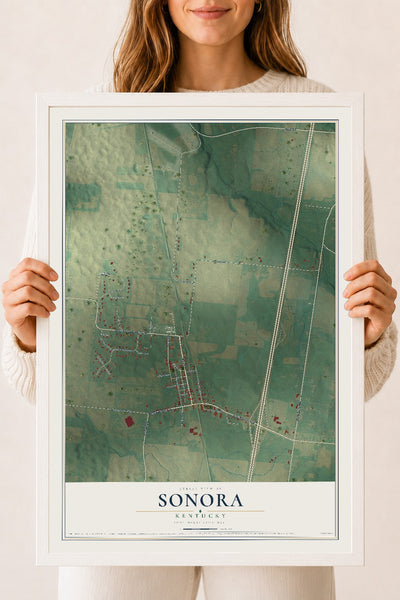 Map of Sonora, Kentucky, 18 x 24 inch print in a white wood frame