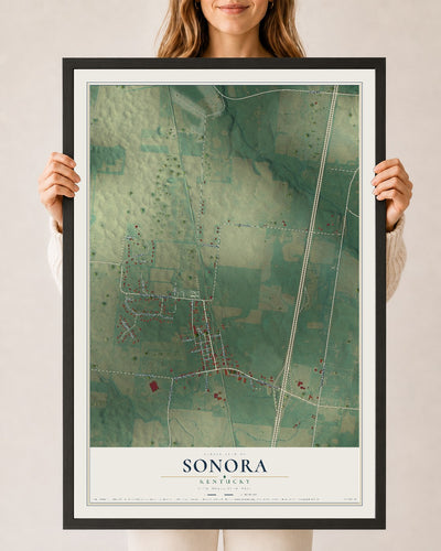Map of Sonora, Kentucky, 24 x 36 inch print in a black wood frame