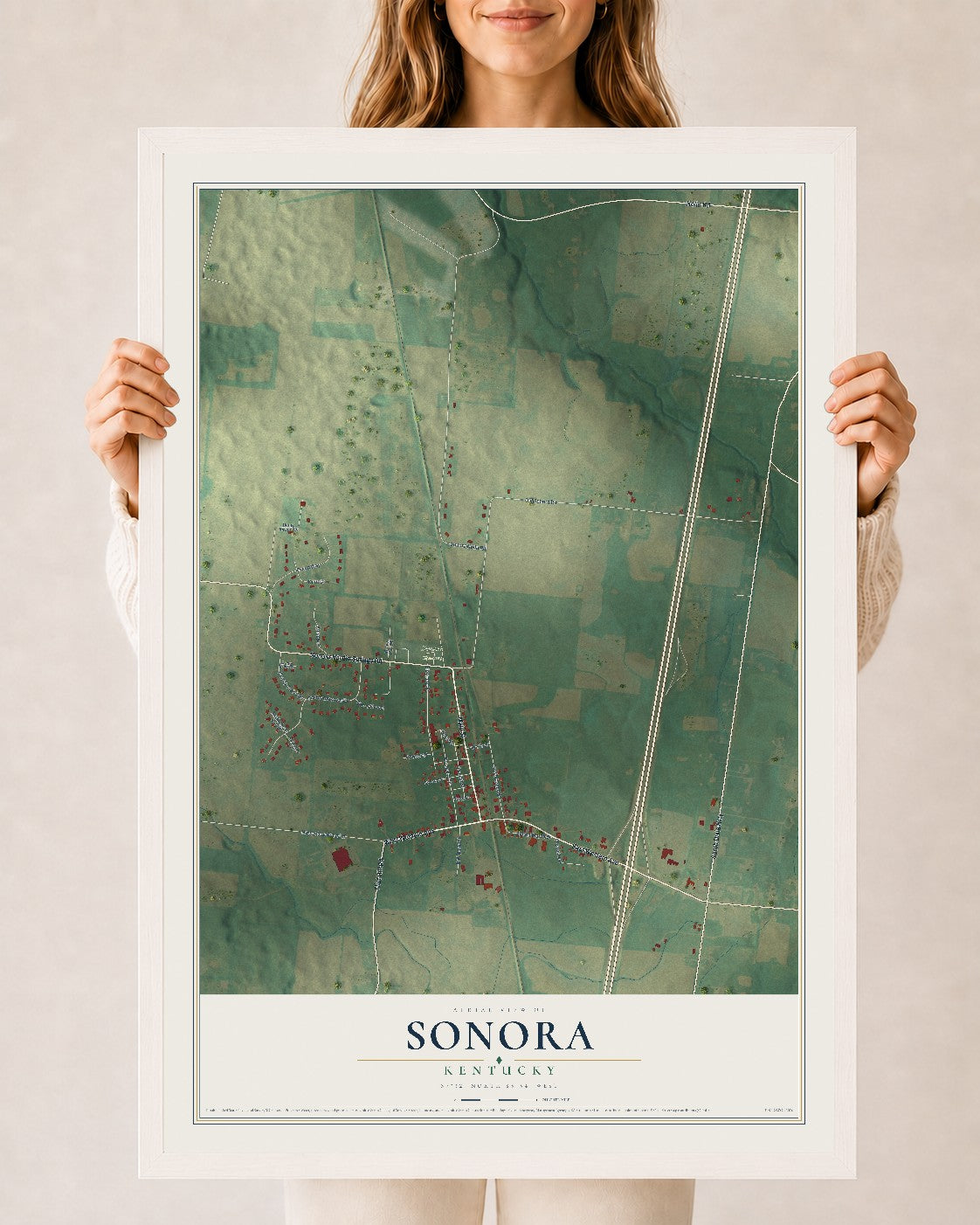 Map of Sonora, Kentucky, 24 x 36 inch print in a white wood frame