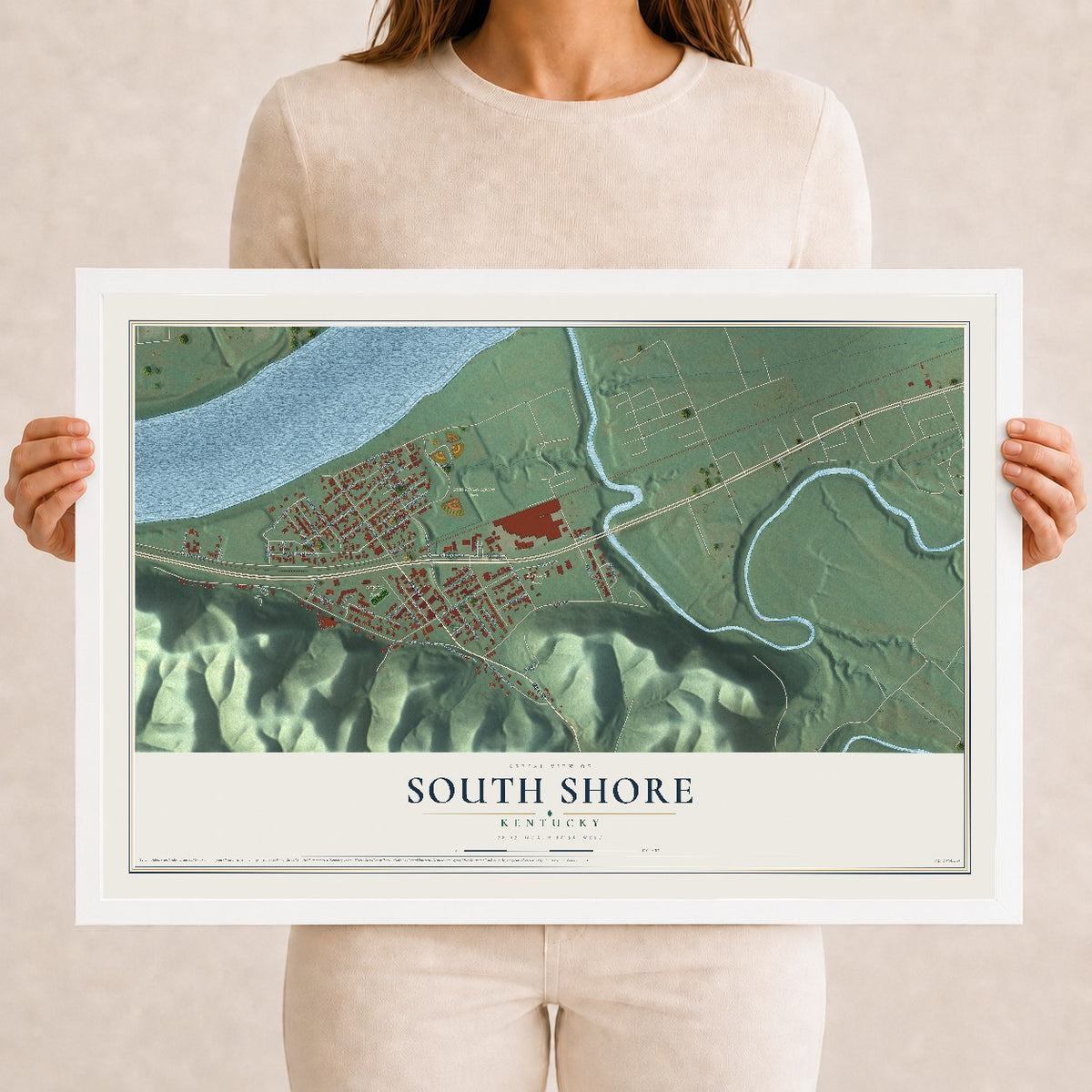 Map of South Shore, Kentucky, 12 x 18 inch print in a white wood frame