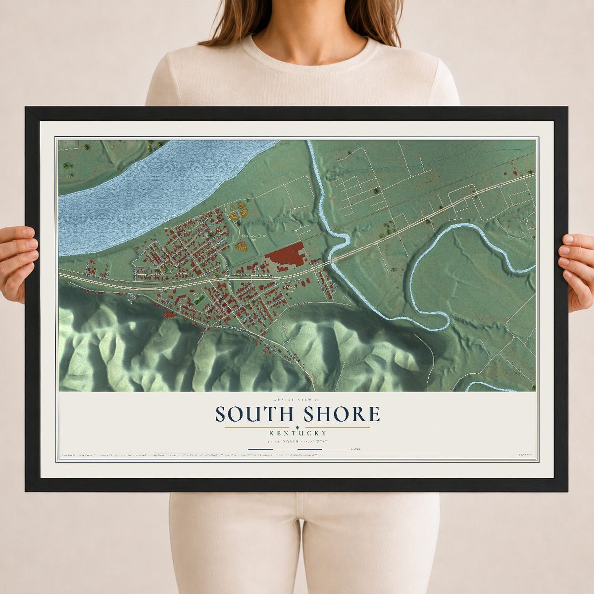 Map of South Shore, Kentucky, 18 x 24 inch print in a black wood frame
