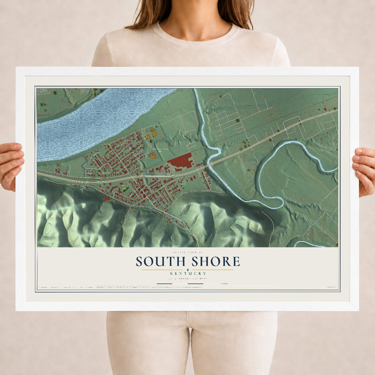 Map of South Shore, Kentucky, 18 x 24 inch print in a white wood frame