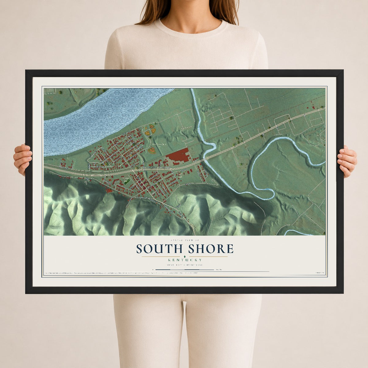 Map of South Shore, Kentucky, 24 x 36 inch print in a black wood frame