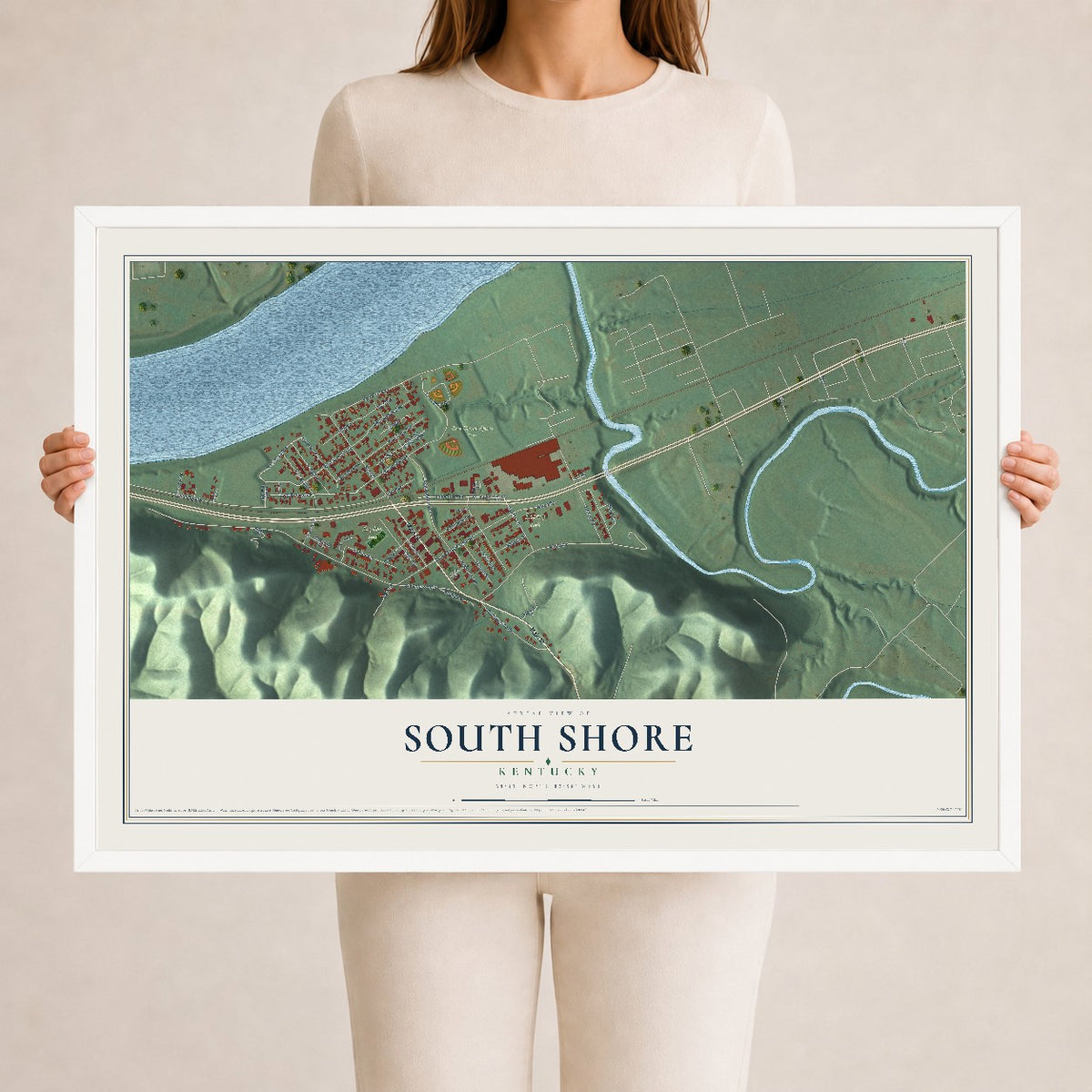 Map of South Shore, Kentucky, 24 x 36 inch print in a white wood frame